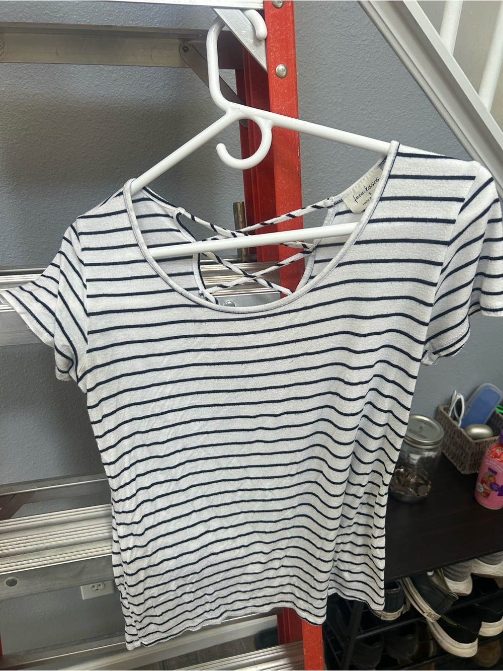 Free Kisses White and Navy Striped Short-Sleeve Tee with Crisscross Back